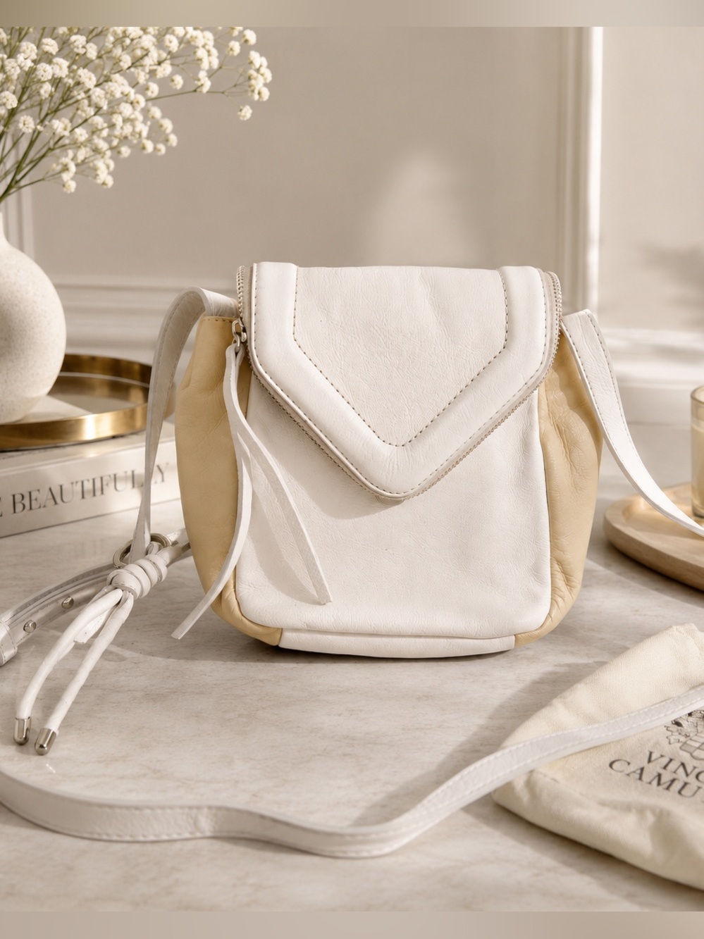 Vince Camuto White Tan Leather Crossbody Bag Adjustable Strap Handbag